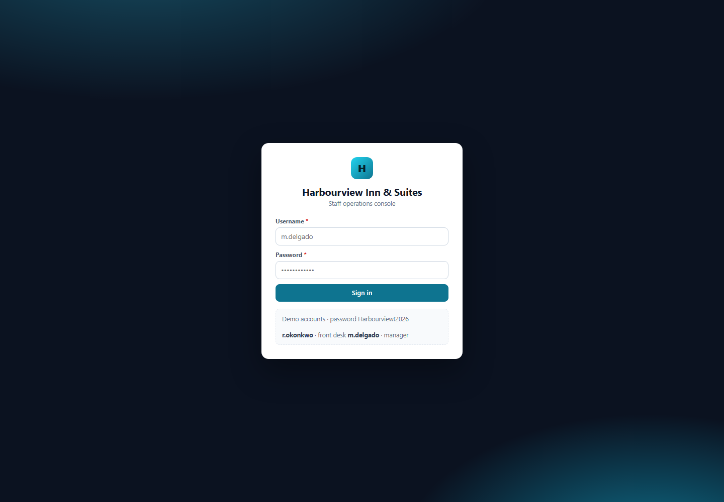Harbourview sign-in screen