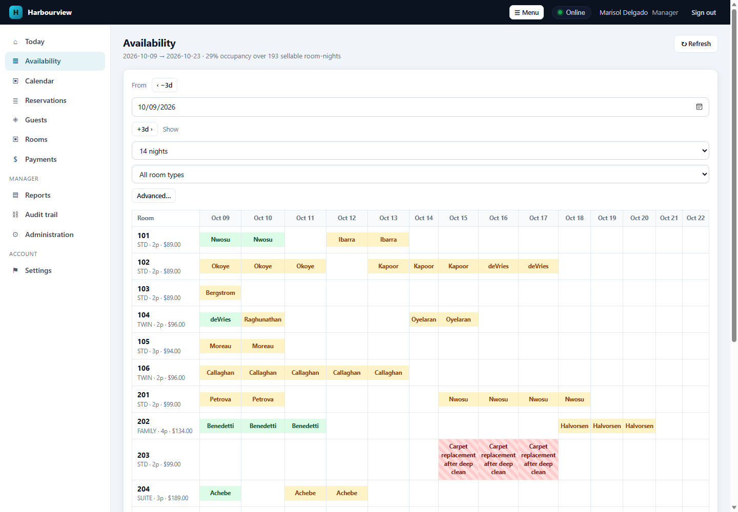 Harbourview room availability screen