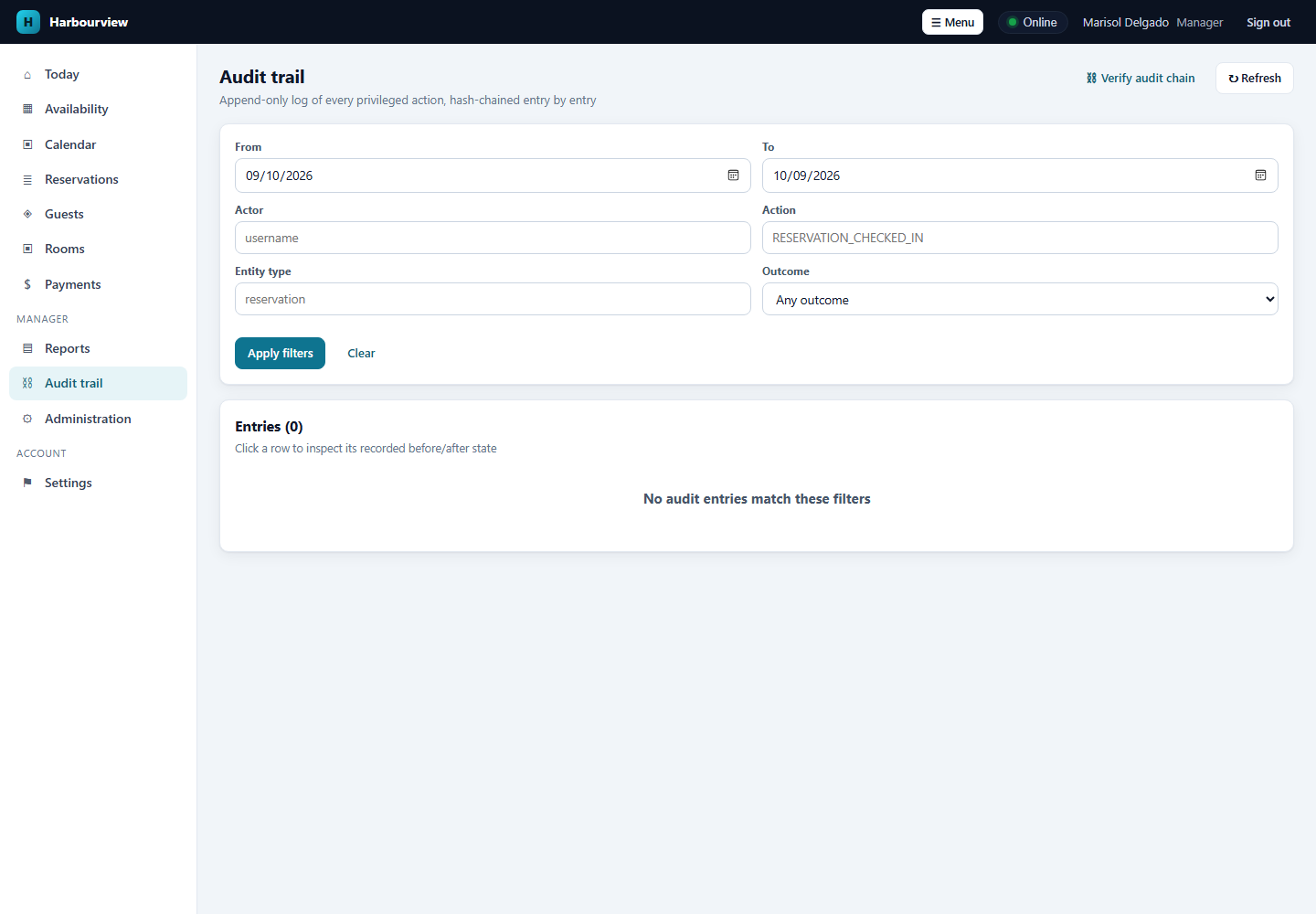 Harbourview hash-chained audit trail