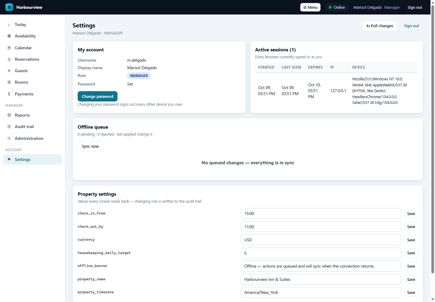 Harbourview settings screen