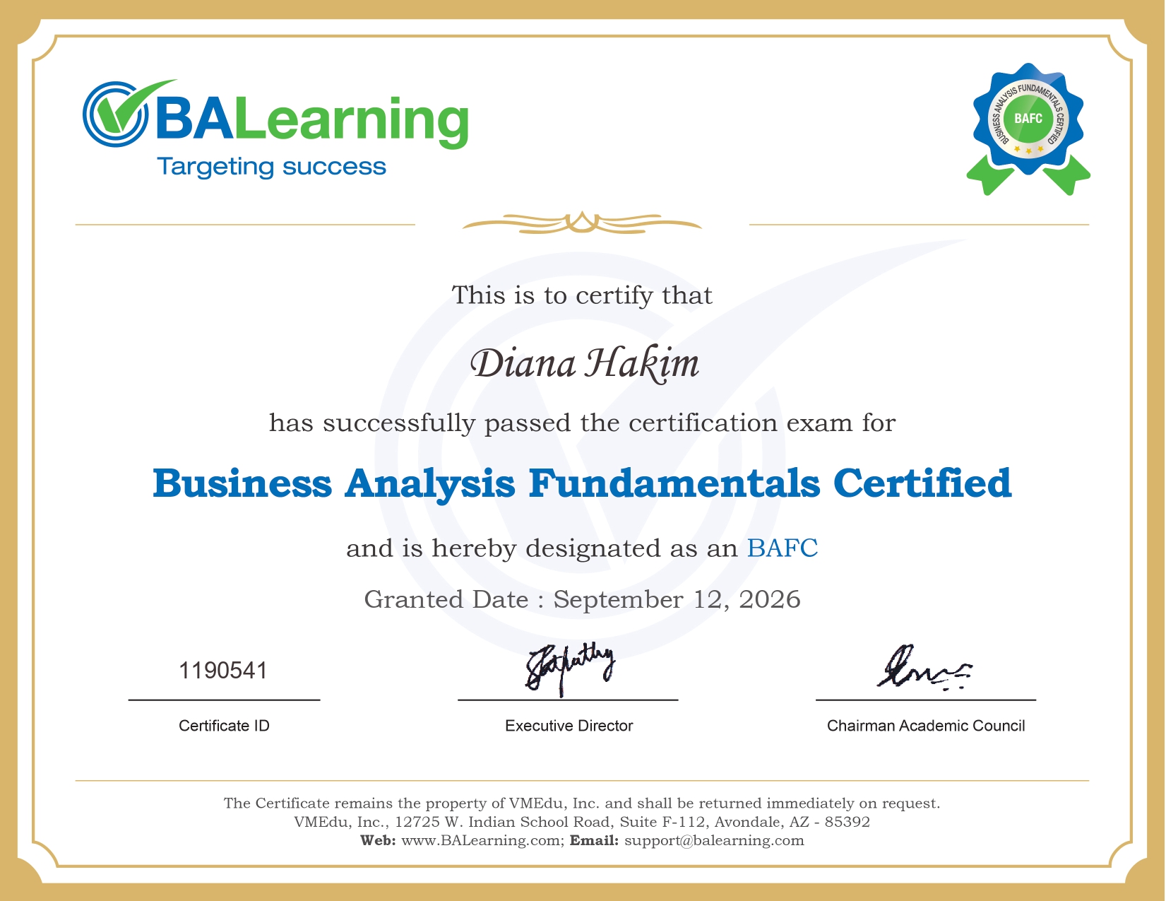Business Analysis Fundamentals Certified certificate