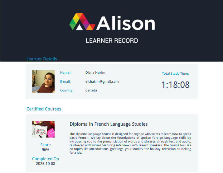 Alison Diploma in French Language Studies certificate